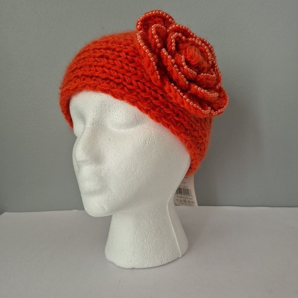 Coral Orange Knit Winter Pearl Flower Fashion Head Band Womens One Size NWT